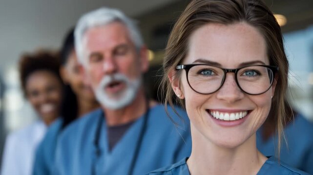 Happy team of nurses smiling together in a hospital hallway during a sunny day to promote a positive healthcare environment