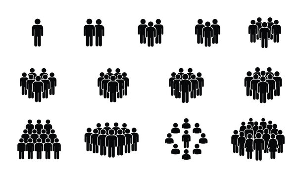 People icons set with various group sizes, black silhouette human figures representing community and teamwork, 12 vector elements for business infographics