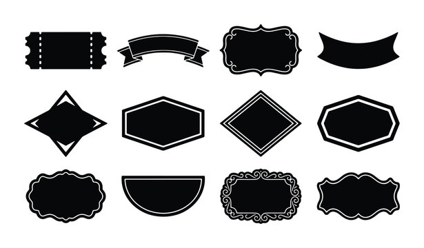 Vintage black label collection, 12 decorative frame vector set, antique ribbon and badge silhouettes, elegant border elements for product packaging