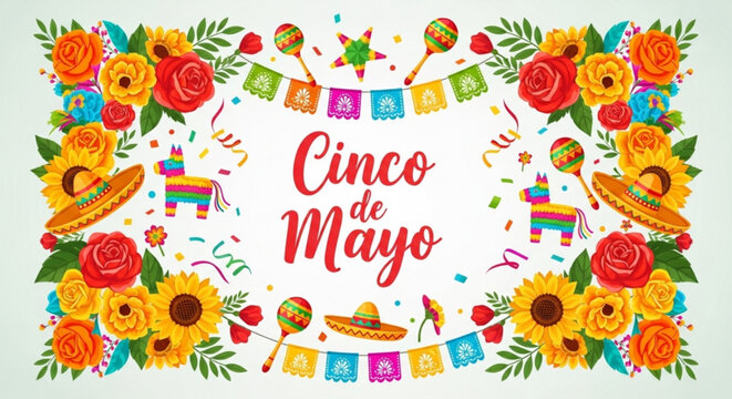 Cinco de Mayo celebration banner with colorful flowers maracas and pinatas festive Mexican holiday design for invitations and decorations