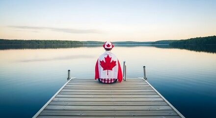 Fototapeta premium Celebrating happy canada day scenic lakeside dock with vibrant canadian flag display