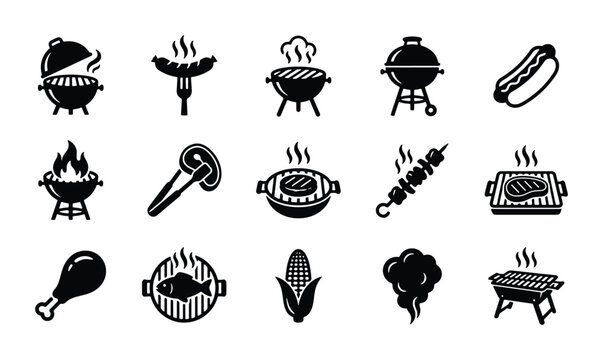 Barbecue grill black icon set, 15 BBQ vector elements for summer cookout, charcoal grill and meat silhouettes, outdoor party food graphics