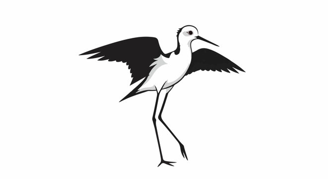 Stylized black and white depiction of a bird with long legs and outstretched wings