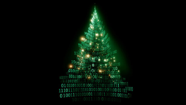 Christmas tree made of digital binary code, lit with glowing elements. Abstract technology concept for Christmas, winter holiday celebration.