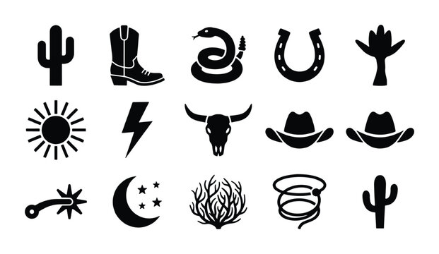Western cowboy icon set with 15 black silhouettes, desert wild west vector elements, rustic ranch and rodeo symbols for branding and logo design