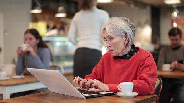 Senior woman cafe visitor sits at table with laptop, reads incoming emails and drinks strong coffee. Client is preparing for important meeting, reading text content of report