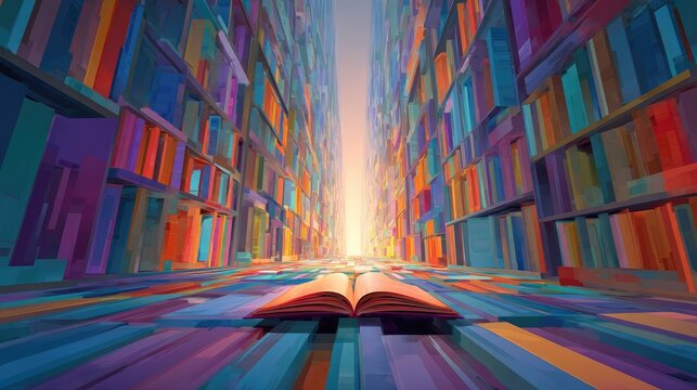 Vibrant Open Book Radiating Light in a Colorful Library.