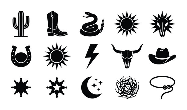 Western wild west icon set, 15 black silhouette cowboy vector elements, desert adventure symbols with cactus and bull skull, rustic ranch branding graphics
