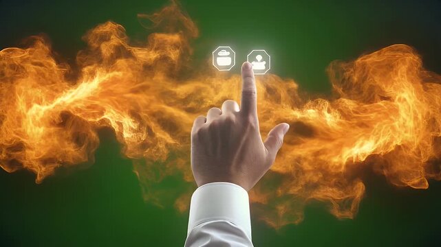 A hand with a fingertip touching an icon interface surrounded by a fiery orange and yellow energy burst on a dark green background