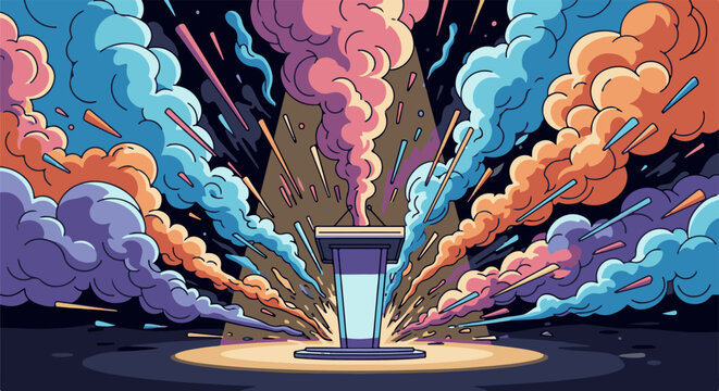 Stage podium erupts with colorful smoke and exploding light streaks