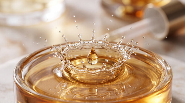Golden liquid drop impact and splash in glass bowl, macro shot with clear crown shape and suspended droplets, luxurious and refreshing skincare concept