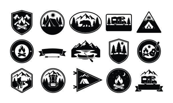 Vintage camping badges and outdoor adventure emblems, set of 15 black and white vector icons, wilderness exploration and mountain hiking labels