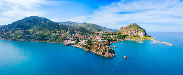 Obraz premium Cefalu city aerial panoramic view in Sicily, Italy