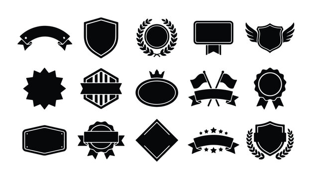 Vintage black badge collection, 15 heraldic shield and ribbon vector icons, retro emblem set with laurel wreaths and trophy labels for branding