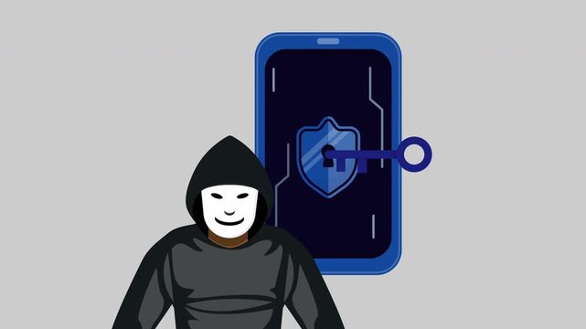 4K animation of hacker in anonymous mask facing to opening padlock with key at smartphone. Concept cyber attack, data breach, and personal account stealth.