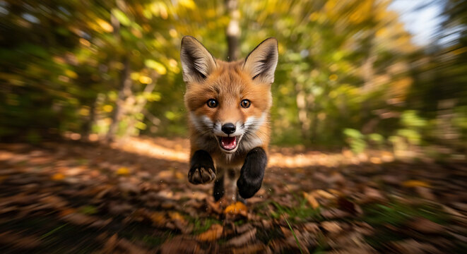 A red fox with its mouth open and ears perked up runs through a forest