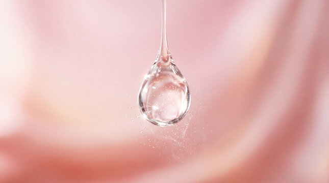 Floating drop aesthetic clear liquid droplet suspended soft pink background minimal style macro photography purity freshness clean beauty moisture delicate serene