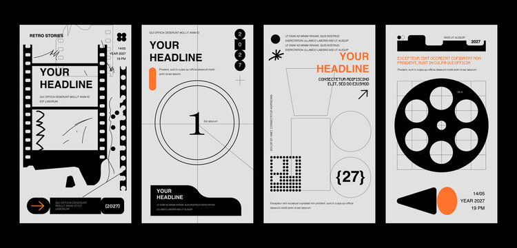 Modern retro film style poster templates set featuring countdown timer, film strip frames and geometric layouts. Minimalist black and white design with bold typography and orange accents. Ideal for ci