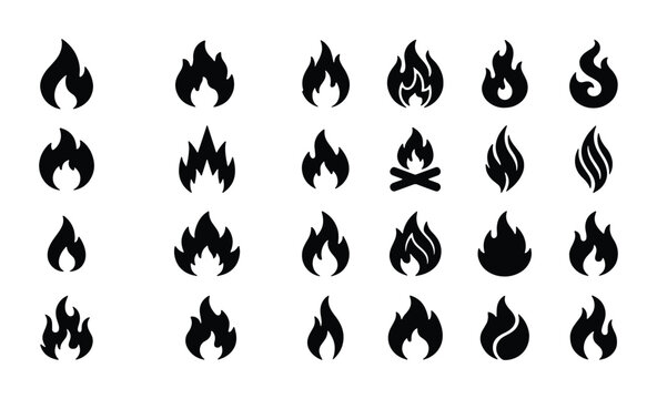 Black fire flame icon set, 24 minimalist bonfire and heat vector symbols, flat silhouette blaze and spark graphic elements for logo design