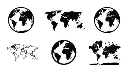 Obraz premium Minimalist world map icons and globe silhouettes, set of 6 black earth vector elements, global geography symbols for business and travel design