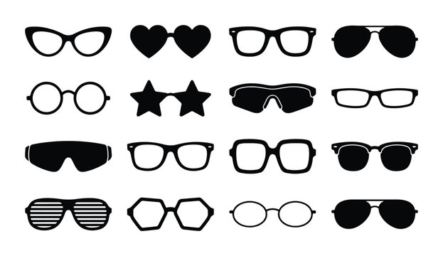 Retro sunglasses and eyeglasses icons set, 16 black vector eyewear silhouettes, vintage fashion spectacles and sun glasses collection for graphic design