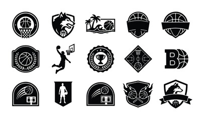 Basketball logo collection, 15 black and white sports badges, athletic team crests with wolf and player silhouettes, basketball league vector icons © Khadija