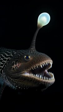 Anglerfish with bioluminescent lure in deep sea