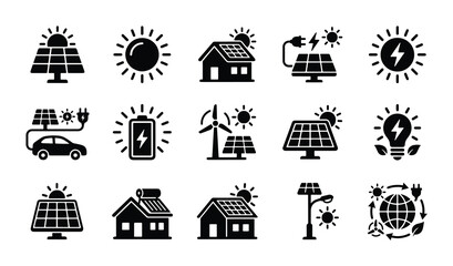 Naklejka premium Solar energy icon set, renewable green power symbols, 15 black vector icons for sustainable electricity and eco friendly technology