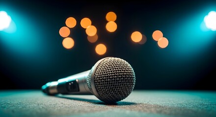 Obraz premium Close-up of Microphone on Stage with Bokeh Lights Background, Entertainment Event, Indoor Venue, Focused View
