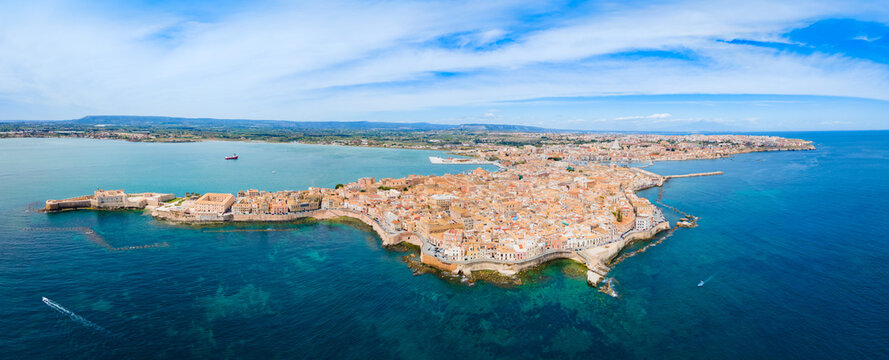 Syracuse city centre aerial panoramic view, Sicily