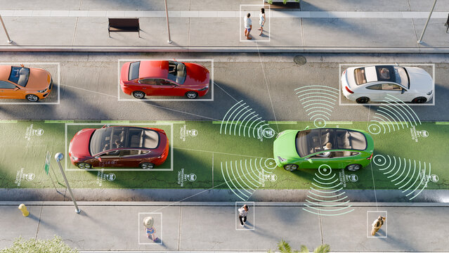 3D illustration of electric vehicle circulating with obstacle detection