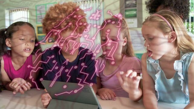 Children leaning around tablet tapping and pointing, pink dots forming circuit overlay for learning