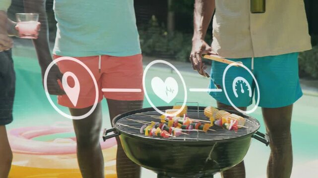 Woman placing skewers on grill poolside, crew flipping corn, icons linking pin heart gauge for food