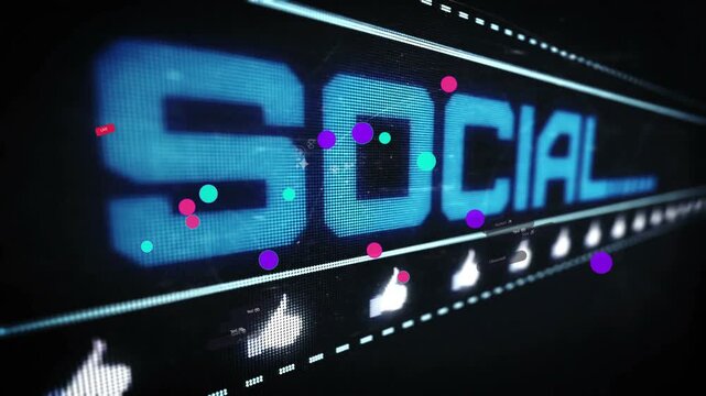 Scrolling thumbs starting sequence headline forming particles orbiting showing social media metrics