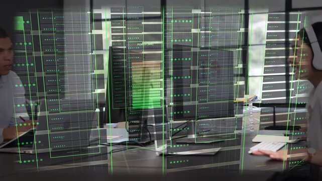 Holo server appearing, left dev writing then rising, right eng pointing, monitoring CLUSTER_GAMMA