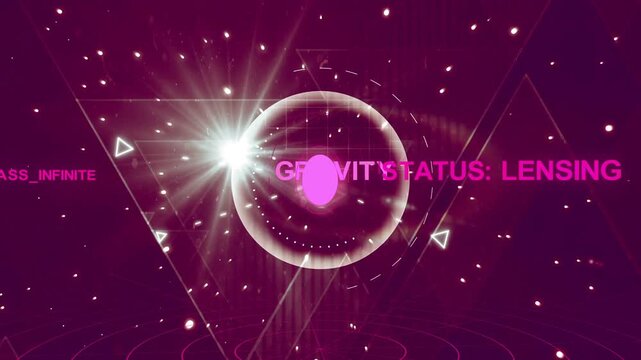 Center flare bursting, pink orb forming, triangle meshes assembling, technology simulating lensing