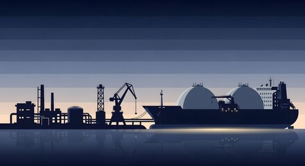Obraz premium LNG tanker ship docked at industrial port terminal at night