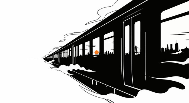 Silhouette train against sunset cityscape, abstract smoke effects