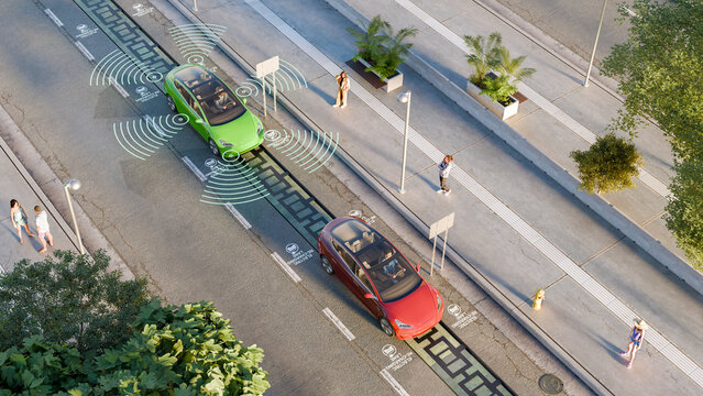 3D render of 2 smart vehicles circulating on a re-charging lane