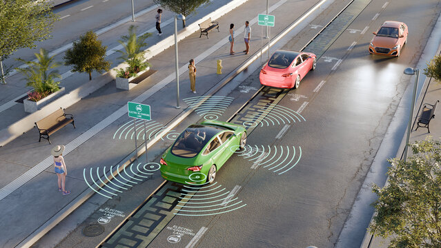 3D render urban scene of electric smart vehicle on a re-charging lane with sensors