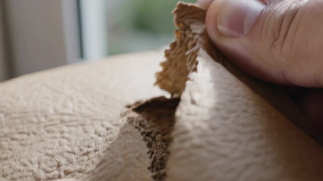 Vertical video: Fingers pinching flap, pulling and peeling tan paper, revealing fibers closeup