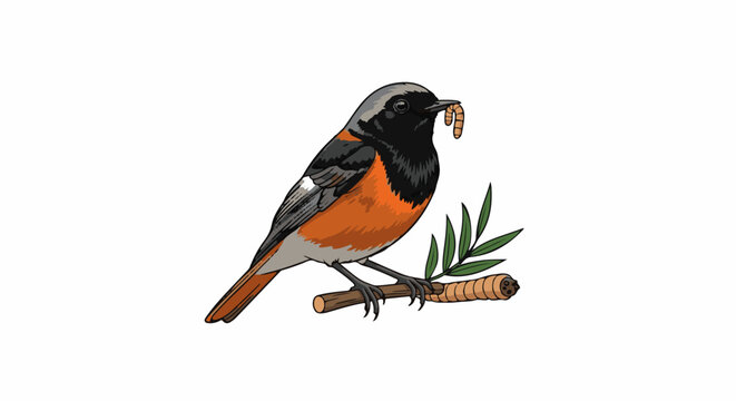 Small bird with orange chest holding grub in beak on branch