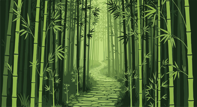 Serene pathway winds through a dense, green bamboo forest