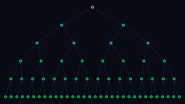 Abstract vector illustration of a Merkle tree data structure used in blockchain technology and cryptography for data verification