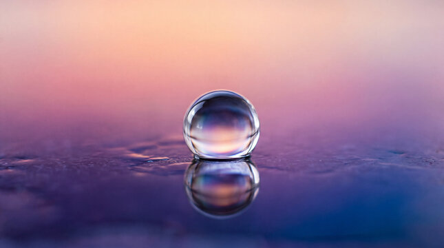 Crystal clear water droplet on smooth reflective surface with soft pastel gradient background, minimal clean style, tranquil and serene mood