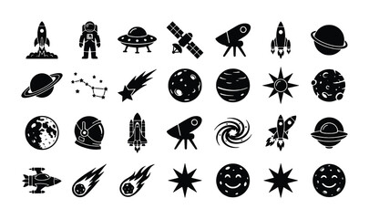 Space exploration icon set, 28 black solid vector symbols of rockets and planets, astronomy and galaxy elements for science education and web design © Salman