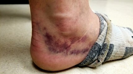 Fototapeta premium Bruised ankle with purple swelling.