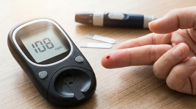 Blood glucose meter with finger prick.