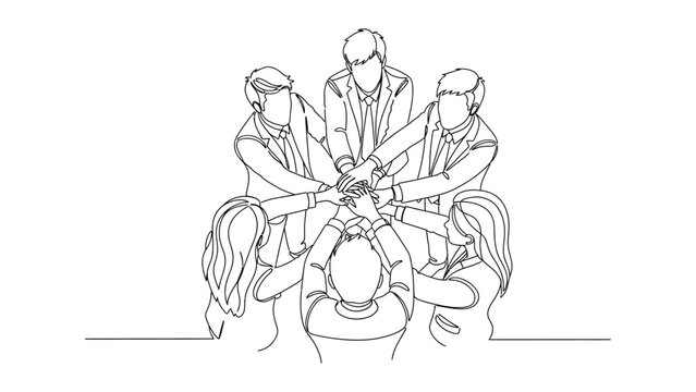 Continuous line drawing of a business team joining hands together for unity and success. Continuous line style. Hand drawn. Line art. Vector design. illustration