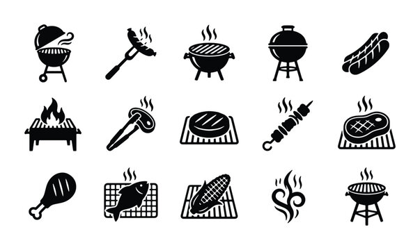 Barbecue grill icon set with 15 black vector symbols, BBQ party elements including steak, sausage, and charcoal grills, outdoor cooking silhouettes